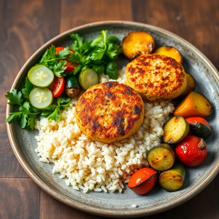 Galettes de Tofu et Champignons à la Méditerranéenne avec Riz Basmati et Légumes Rôtis