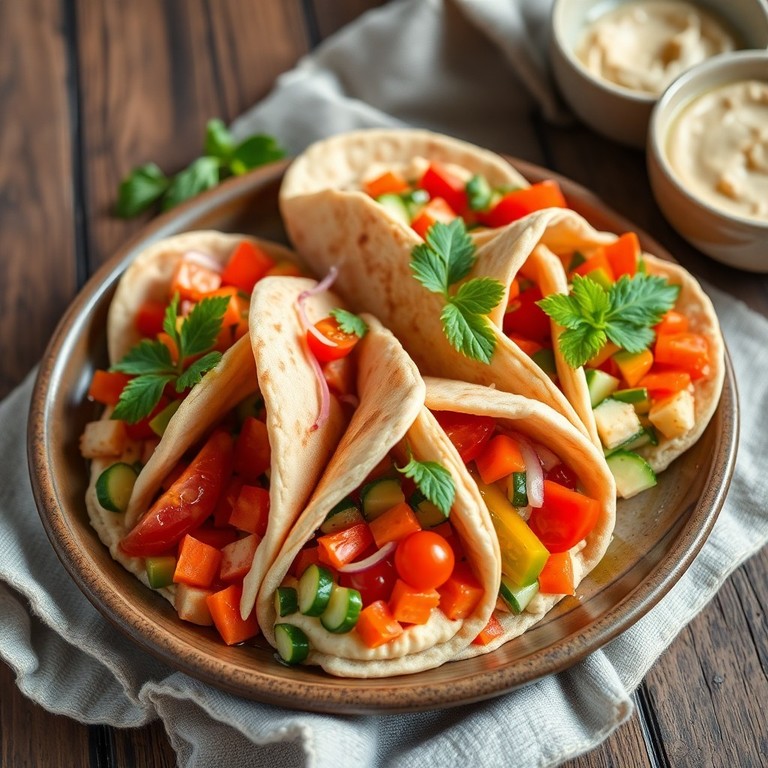 Gefüllte Pitataschen mit Gemüse und Hummus