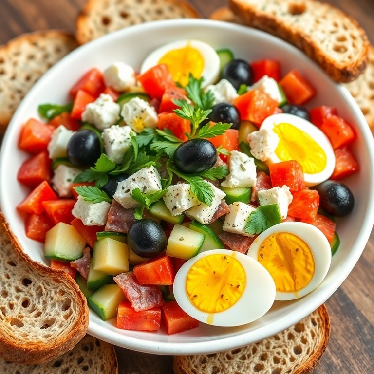 Griechischer Salat mit gekochtem Ei und Salami