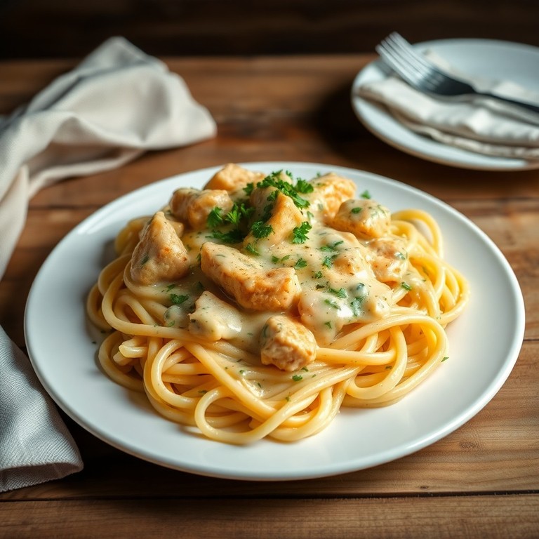 Krema Soslu Tavuklu Makarnalı Resto Yemeği