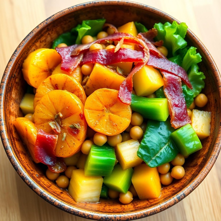 Salteado de garbanzos con verduras y fruta caramelizada