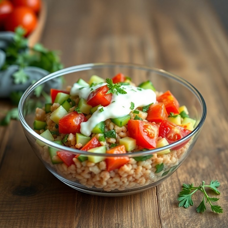 Злаковый салат с творожным сыром и овощами
