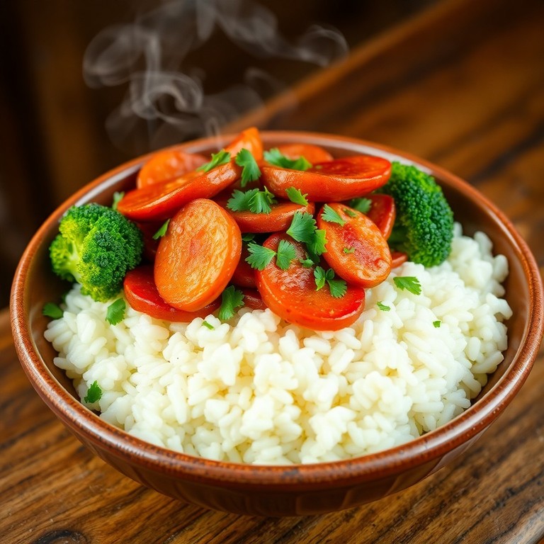 Stir-fry de Arroz com Linguiça, Brócolis e Queijo