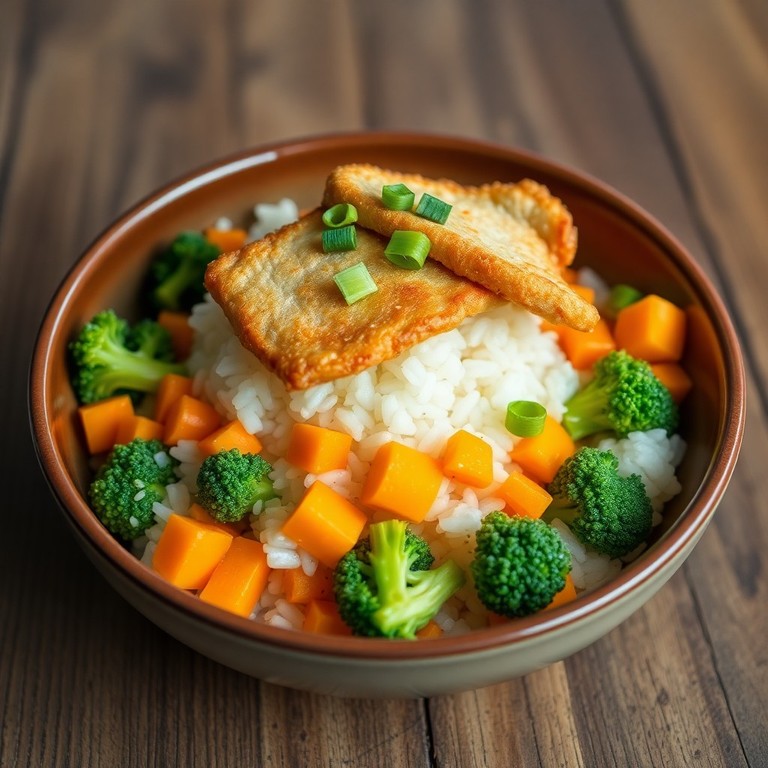 Stir-Fried Veggie Rice Bowl with Egg and Breaded Pork Chops