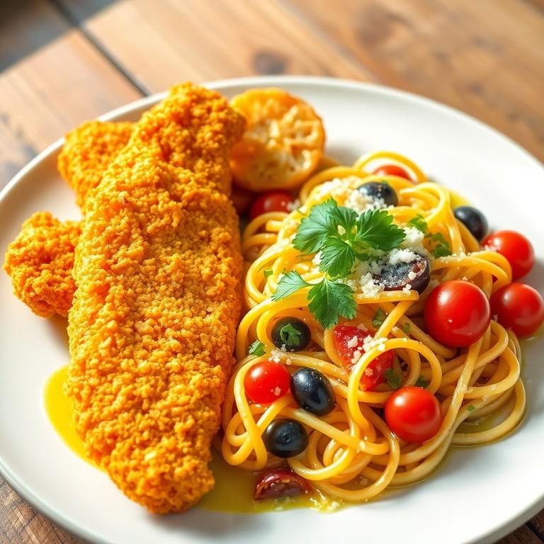 Frango Crocante com Massa ao Estilo Mediterrâneo