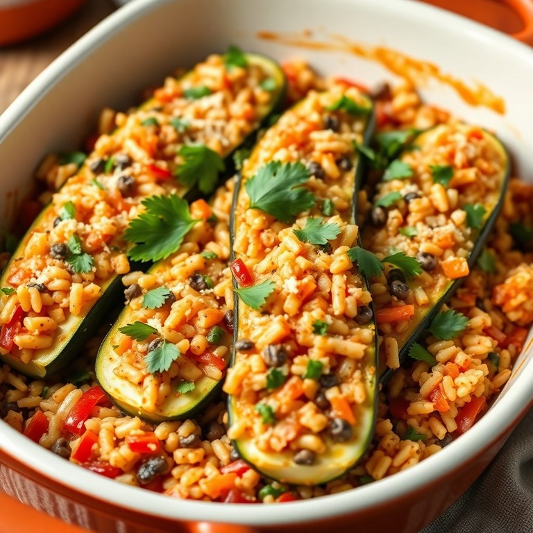 Gefüllte Zucchini-Boote mit Gemüse-Reis (laktosefrei, ohne Paprika & Quinoa)
