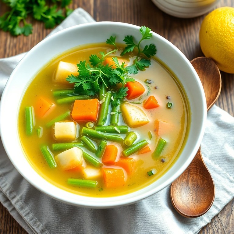 Gedünstete grüne Bohnensuppe mit Miso und Sommerkräutern