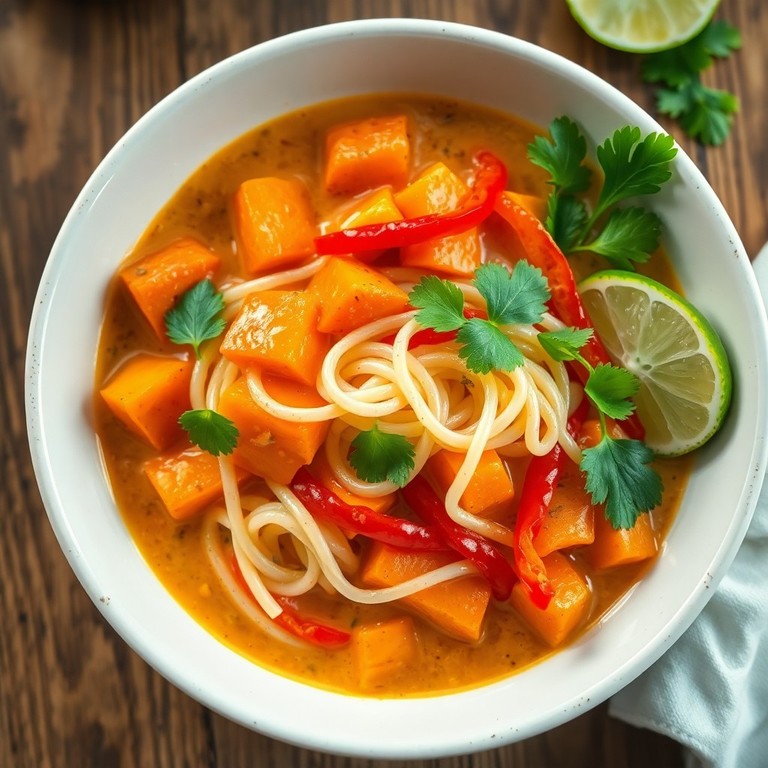 Kokosnoedelstoofpot met zoete aardappel en paprika