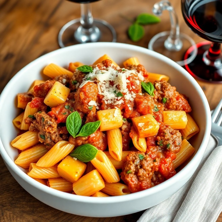 Pasta con salsa de carne y papas en estilo mediterráneo