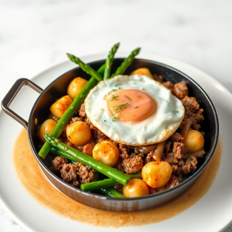 Leichte Spargel-Gnocchi-Pfanne mit Hackfleisch und Ei (343 kcal)