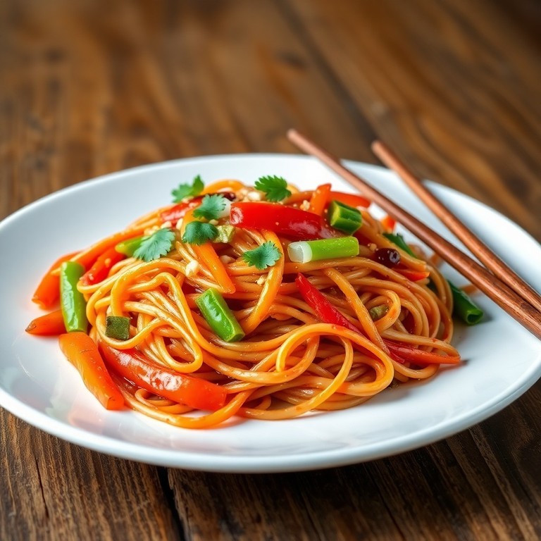 Gebratene chinesische Nudeln mit Gemüse und Sojasauce
