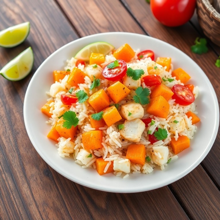 Arroz frito con verduras, pescado y especias