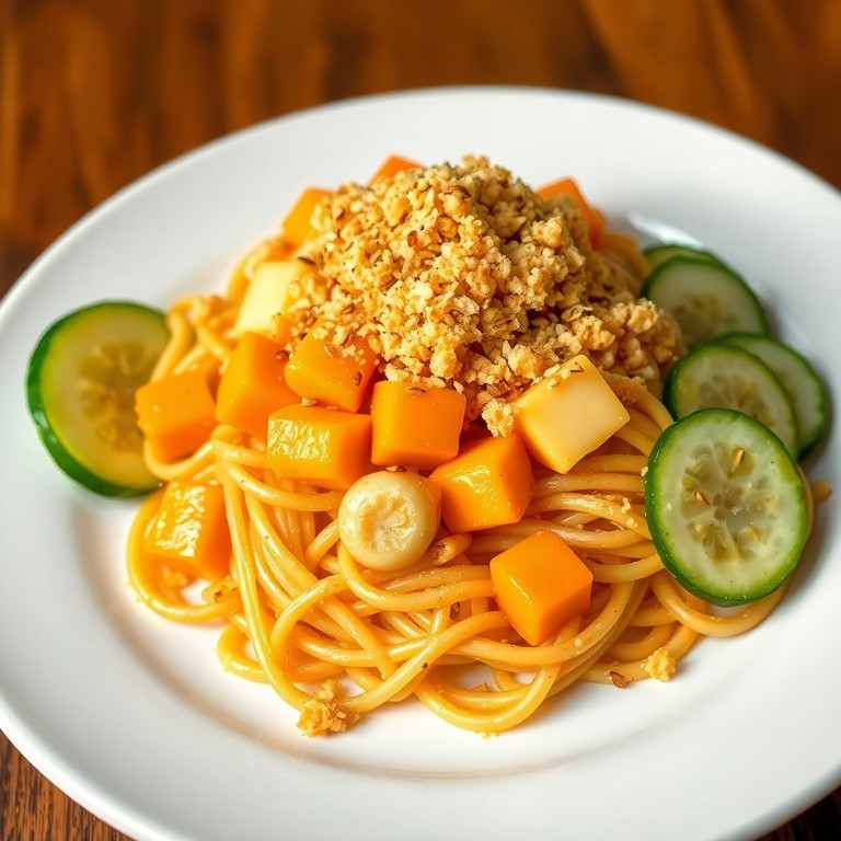 Pâtes sautées à la mimolette, chapelure et concombre en vinaigrette asiatique
