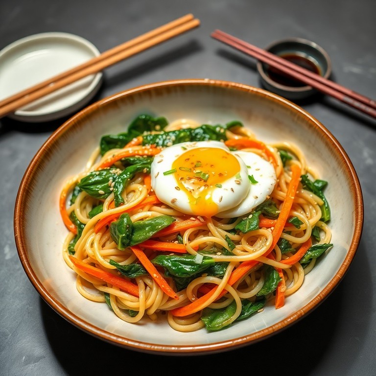 Spinat-Nudelsalat mit pochiertem Ei und Sesam