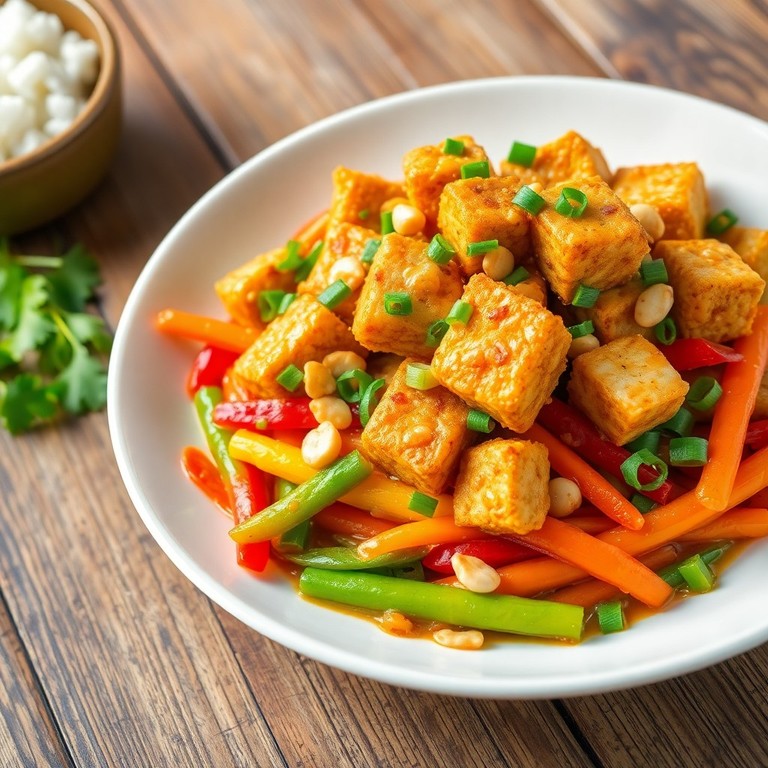 Gebratener Tofu mit Erdnuss-Soße und Gemüsepfanne