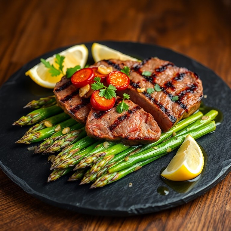 Gegrilde biefstuk met knapperige asperges en chorizo