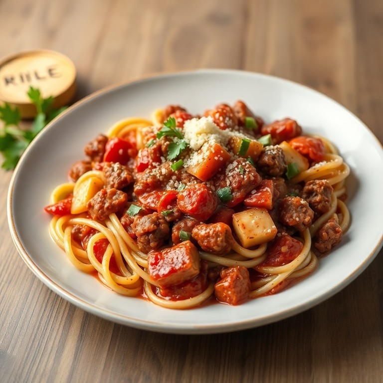 Rödvinsmarinerad Pasta med Grönsaker och Köttfärs