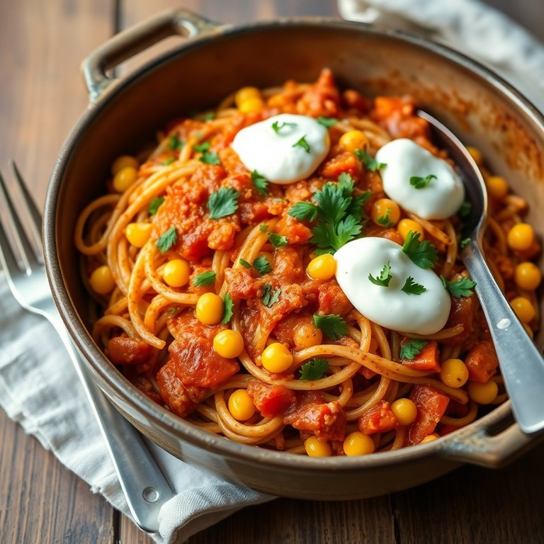 Vegetarische Nudelpfanne mit Mais, Tomatensauce und Creme Fraiche