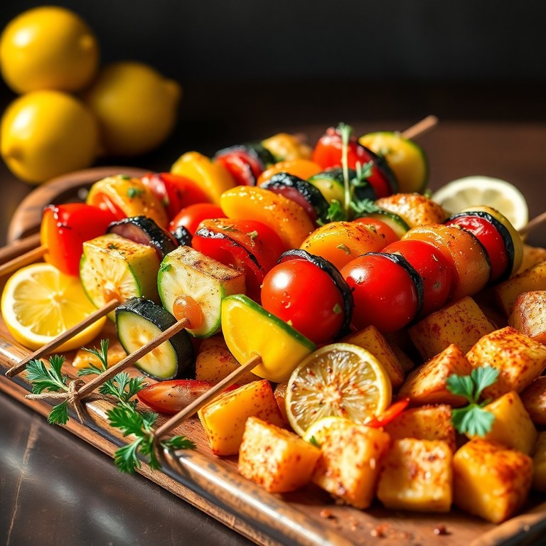 Brochettes Méditerranéennes de Légumes Grillés au Four et Pommes de Terre Sautées