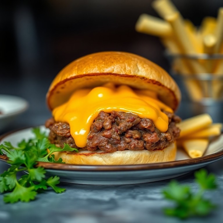 Hamburguesa de carne rellena con doble cheddar y salsa cremosa