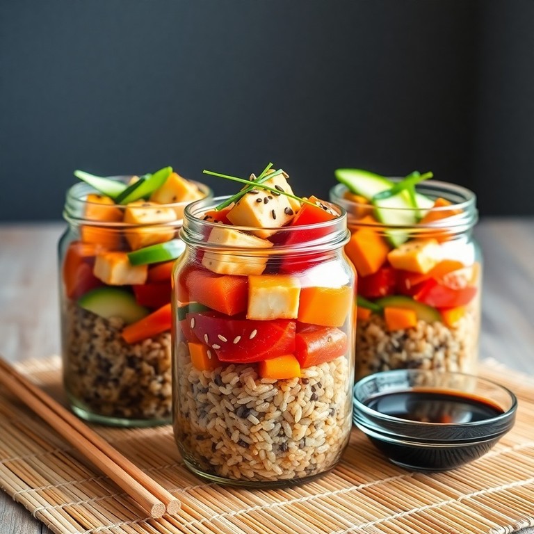 Veganes Sushi im Glas mit Sesam und Tofu