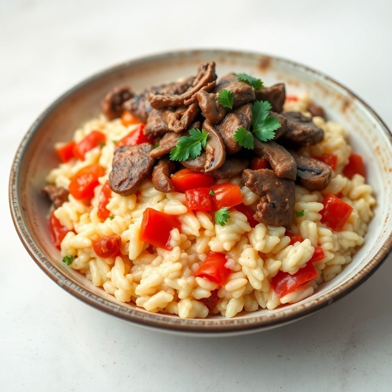 Eiwitrijke Paprika en Tomatenrisotto met Extra Groente en Runderreepjes