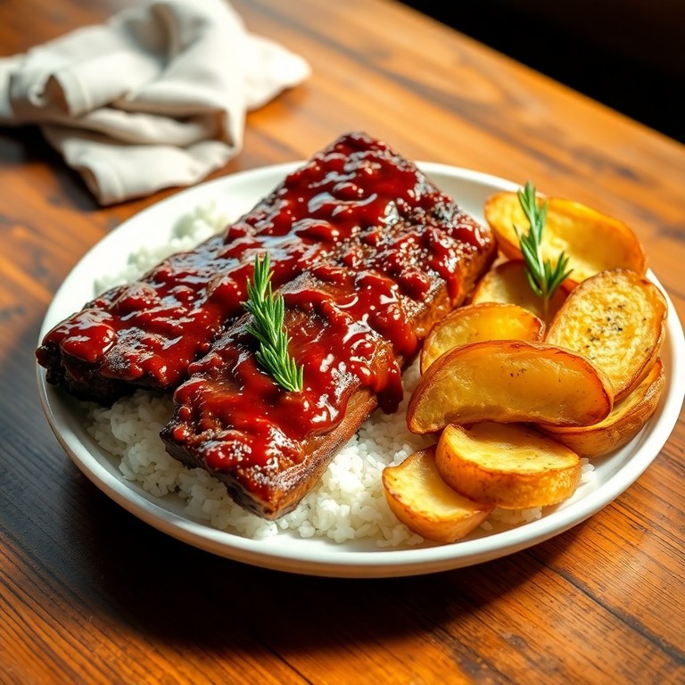 Costela BBQ com Arroz Branco e Batata Rústica ao Forno