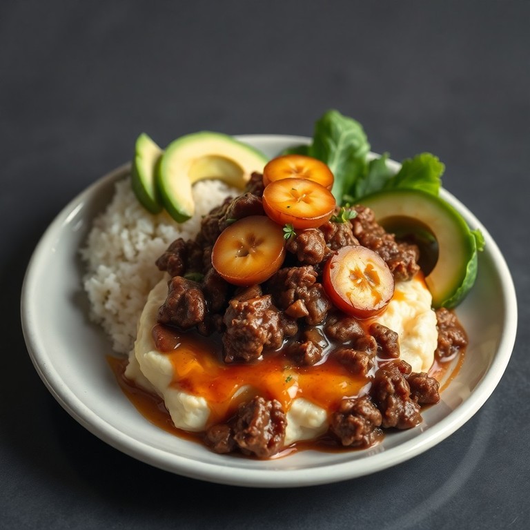 Puré de papas con carne estofada y banana caramelizada