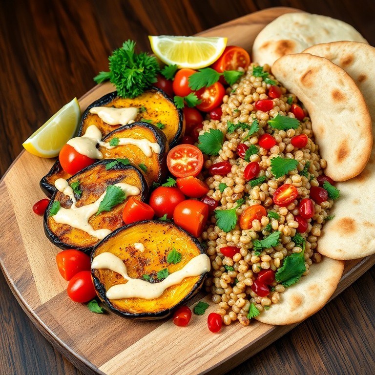 Geröstete Auberginen-Tomaten-Mezze-Platte mit Gerstensalat und Tahini