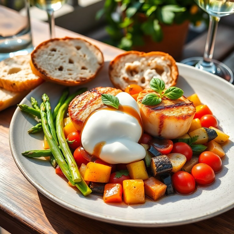 Gegrillte Jakobsmuscheln auf mediterranem Gemüsebett mit Spargel, Tomaten und Burrata