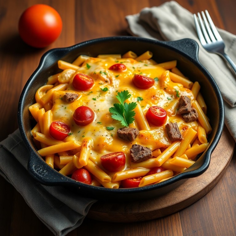Käse-Nudel-Pfanne mit Tomaten und Rindfleisch