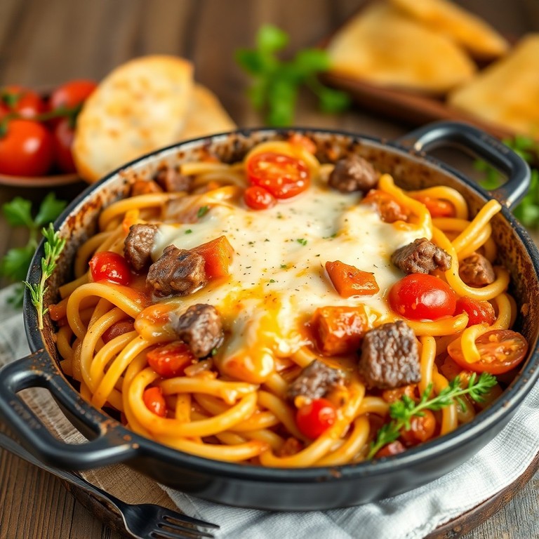 Käse-Nudel-Pfanne mit fein geschnittenen Tomaten und Rindfleisch