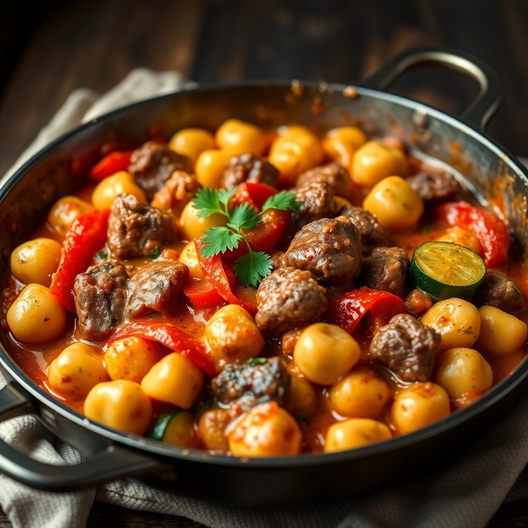 Gnocchipfanne mit Rindfleisch, cremiger Tomatensauce und extra Sahneprotein