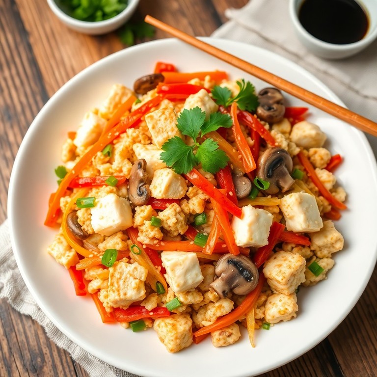Revuelto de Huevos y Tofu con Verduras Asiáticas