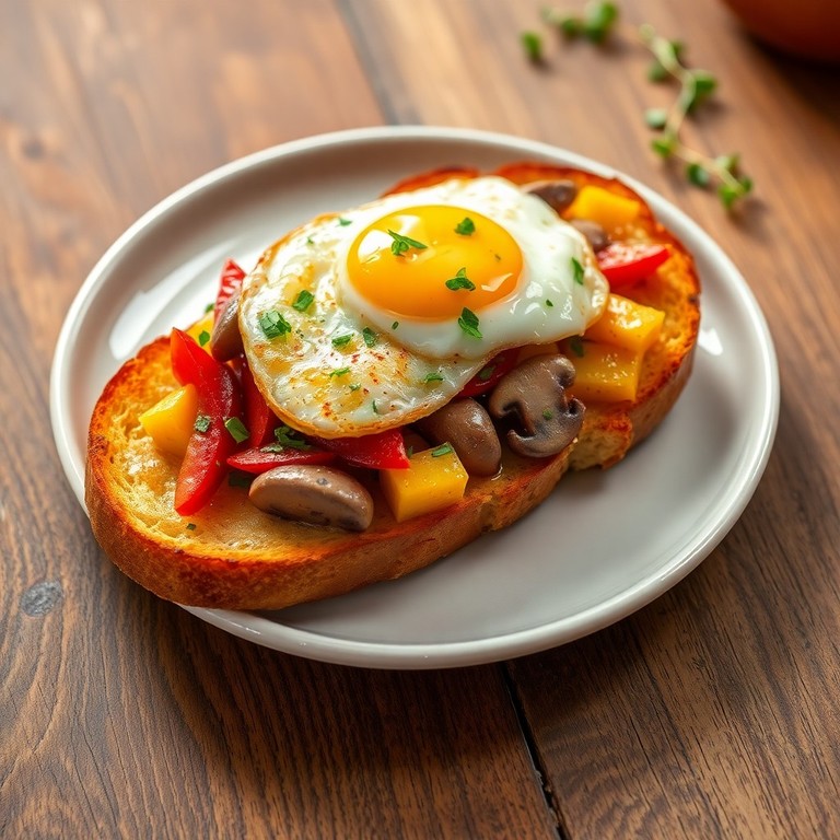 Tosta de Brioche con Huevo Frito, Queso y Verduras Salteadas