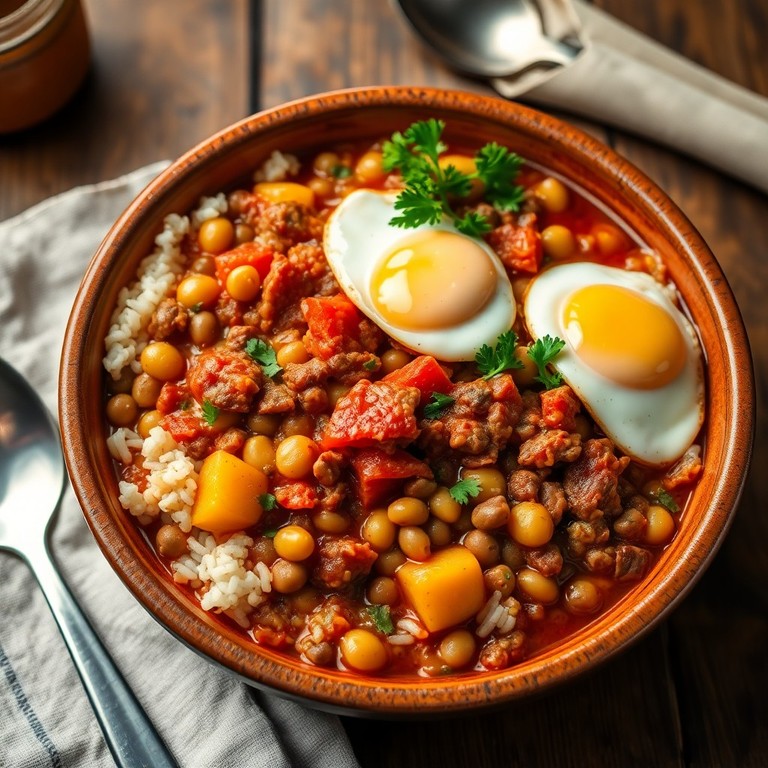 Cazuela de Carne Picada y Arroz con Huevo Pochado