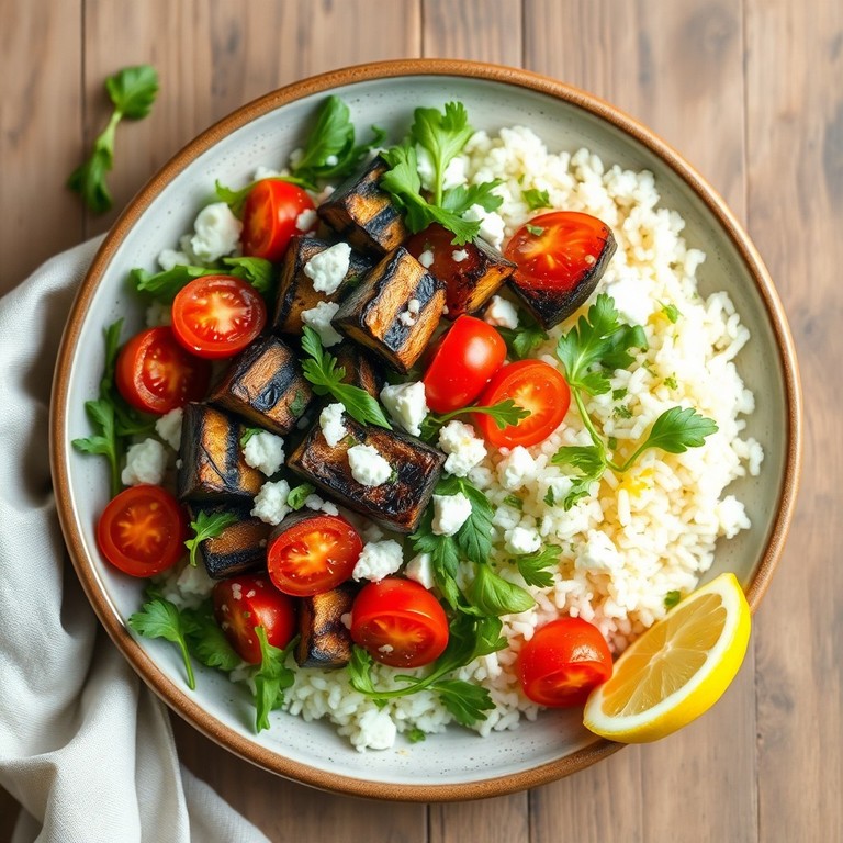 Gegrillter Auberginen-Reis-Salat mit Zitronen-Kräuter-Dressing