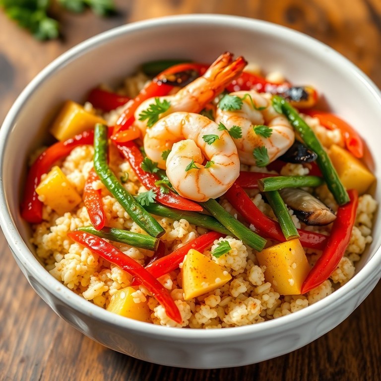 Paprika en Bloemkoolrijst Stoofpotje met Gebakken Scampi's