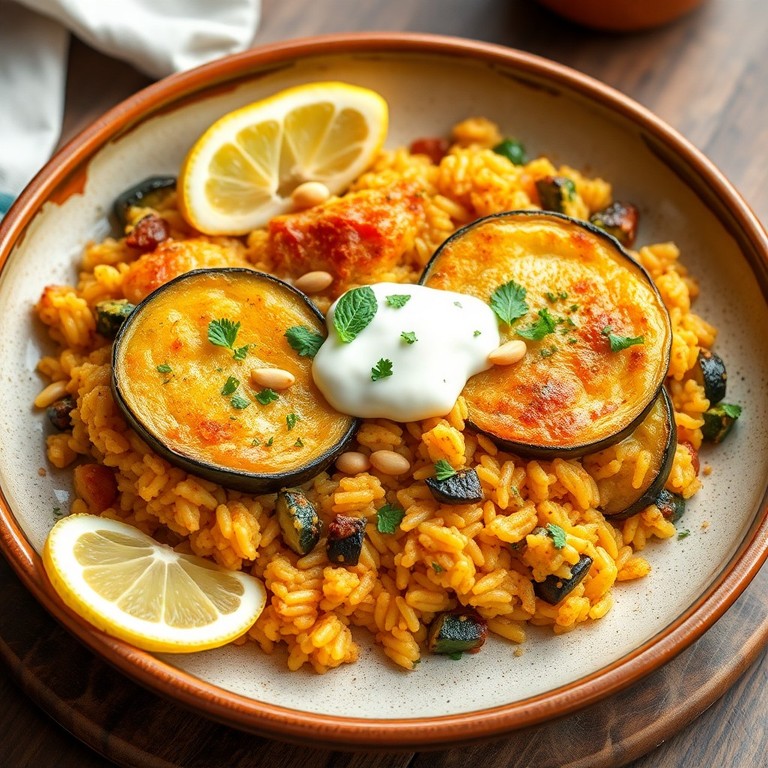 Orientalischer Auberginen-Reis-Auflauf mit Ziegenjoghurt (mit gekochtem Reis)