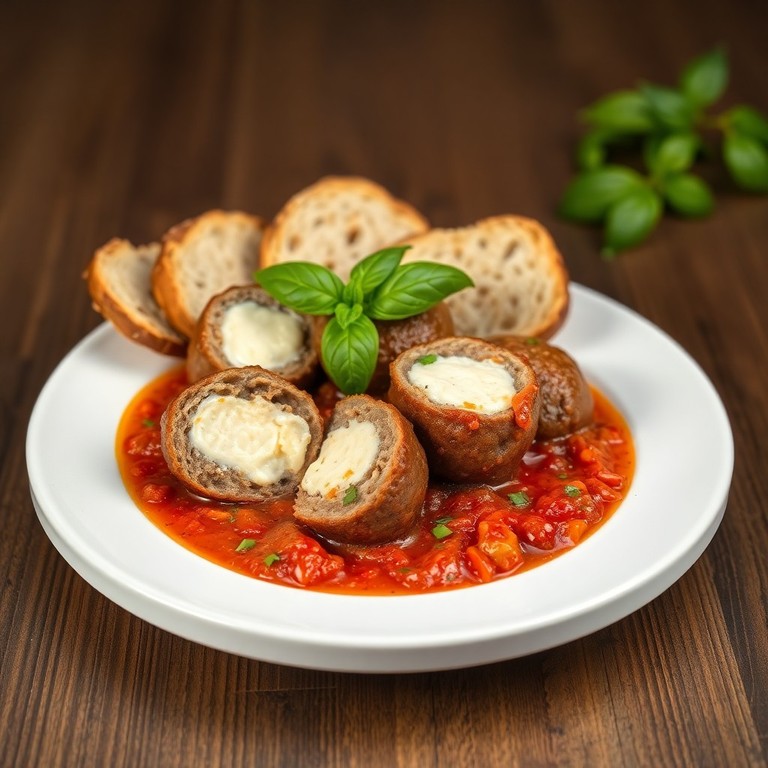 Albóndigas de res rellenas de queso en salsa de tomate y albahaca