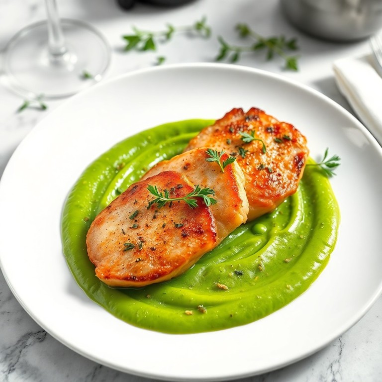 Escalope de veau grillée aux herbes et purée de petits pois