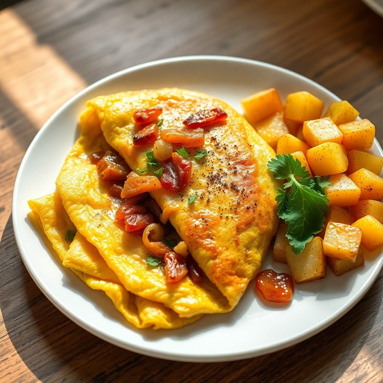 Omelette aux lardons, oignons et pommes de terre sautées