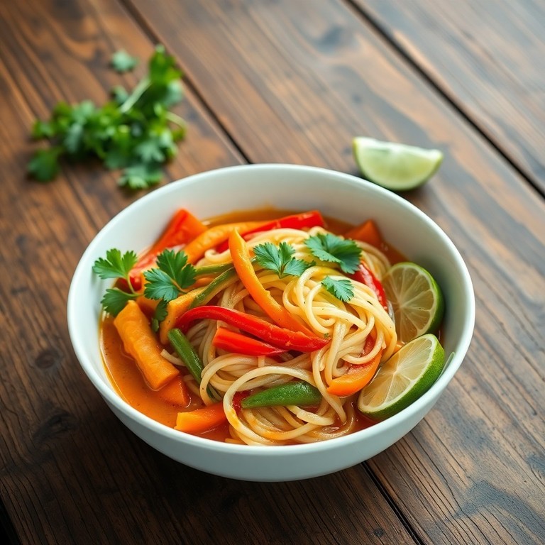 Curry de verduras con fideos de arroz y toque de coco al estilo tailandés