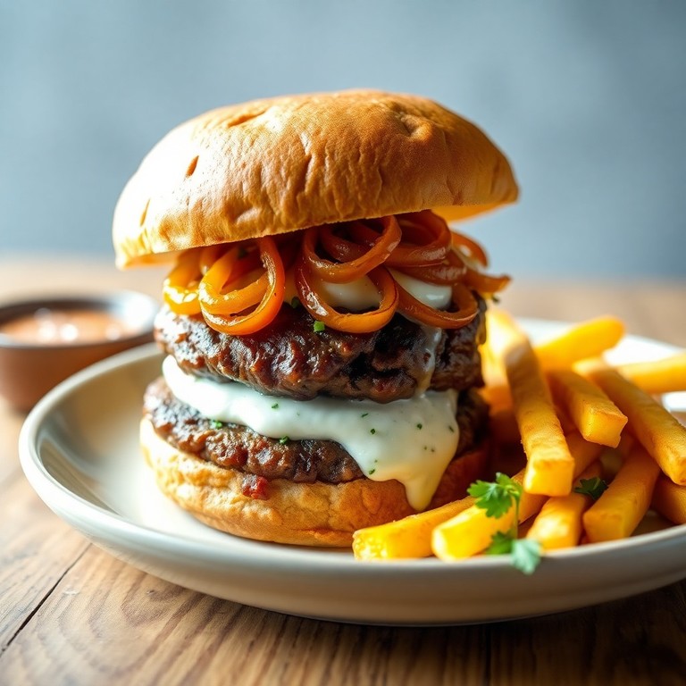 Burger di Manzo Gourmet con Cipolle Caramellate e Salsa allo Yogurt e Erbe