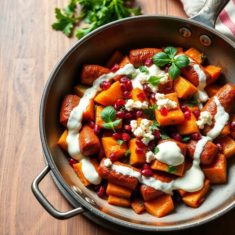Merguez-Pfanne mit Granatapfel, Feta und erfrischender Joghurtsauce
