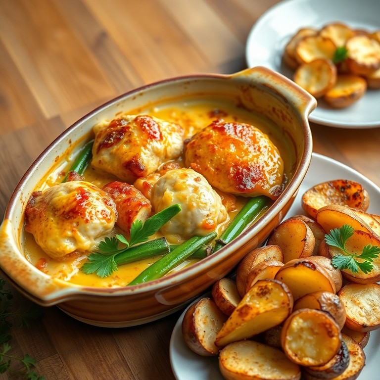 Poulet et haricots verts en gratin avec pommes de terre rôties au four