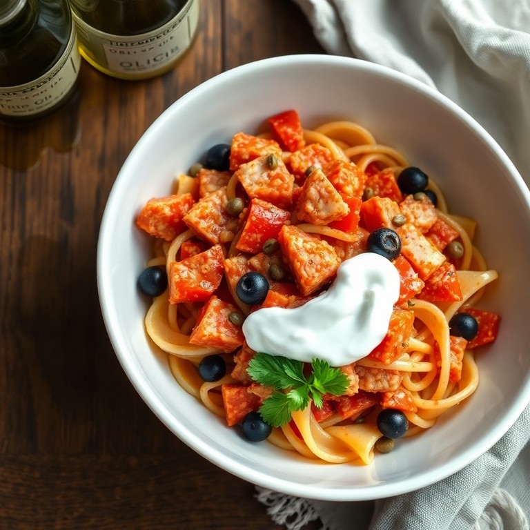 Sedani Rigati alla Puttanesca di Tonno e Pomodoro