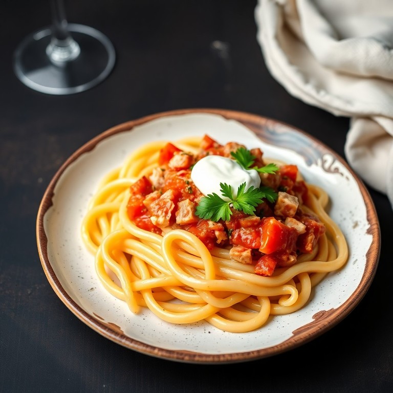 Sedani Rigati alla Puttanesca di Tonno e Pomodoro con Yogurt e Olio di Girasole