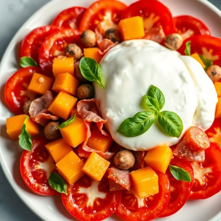 Salade de Burrata, Tomates et Melon en Salsa Fraîche