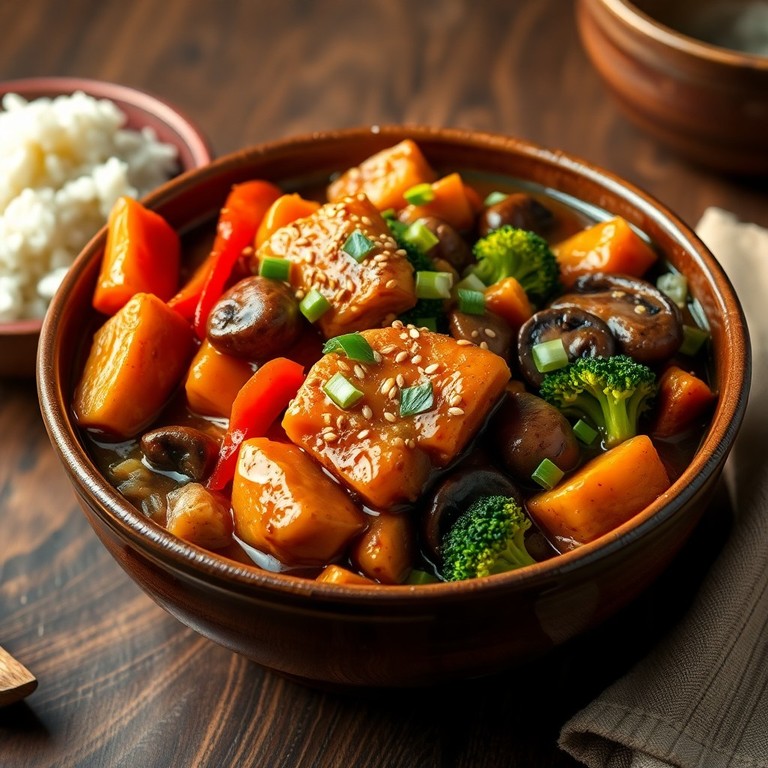 Estofado de pollo con verduras y salsa teriyaki